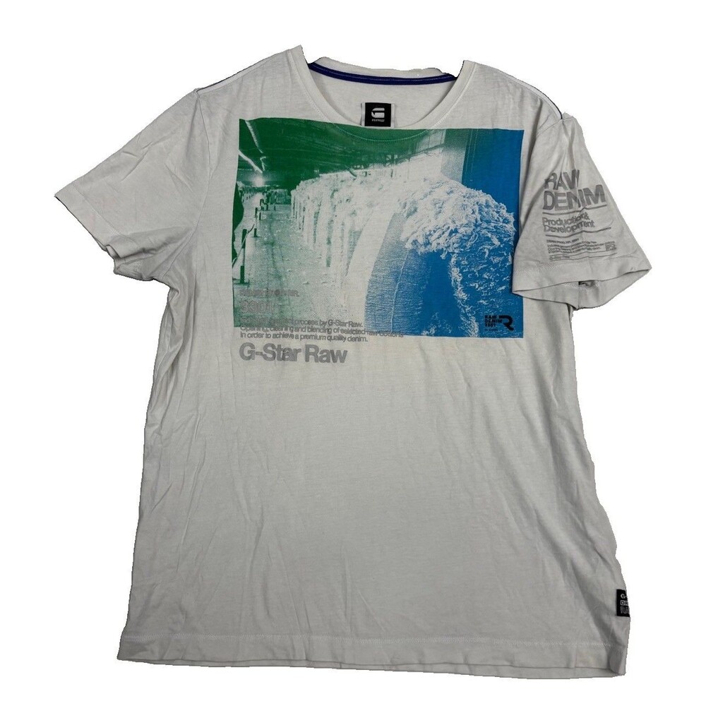G-Star Raw Graphic T Shirt White Industrial Denim Print Short Sleeve Men’s L